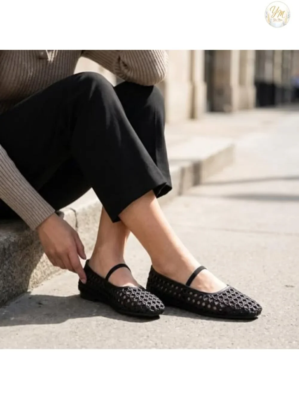 Woven Ballet Flats for Women Square Toe Mary Jane with Elastic Strap Memory Foam